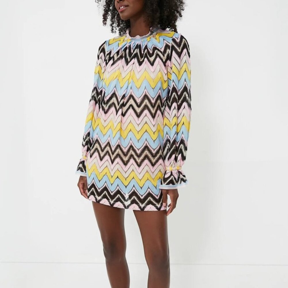 Cynthia Rowley Zigzag Knit Mini Shift Resort Dress Ruffle Sleeve Stripe XS NWT - Picture 3 of 12